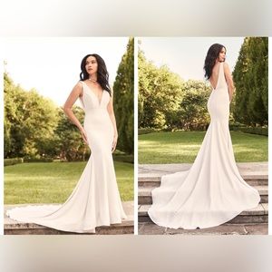 Paloma Blanca crepe fit and flare plunging neckline open back wedding dress